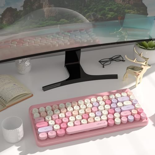 Image of UBOTIE Portable Bluetooth Colorful Computer Keyboards, Wireless Mini Compact Retro Typewriter Flexible 84Keys Design Keyboard (Pink-Colorful)