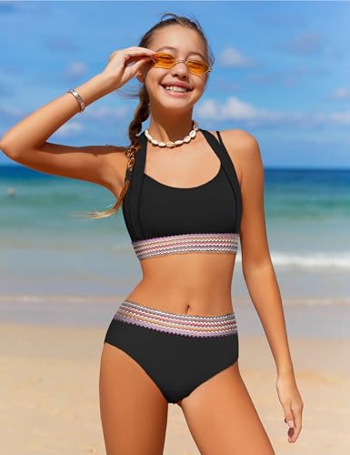 Girls Swimsuit 2 Piece Color Block Halterneck Bikini Sets with Adjustable Straps High Waist Girls Bathing Suits 9-16Y2