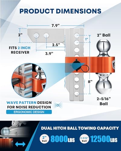 Image of Kohree Adjustable Trailer Hitch Fit 2 Inch Receiver, Dual Solid Ball 2 inch and 2-5 /16 inch(12,500 LBS GTW), 8 inch Drop & Rise Heavy Duty Aluminum Tow Hitch with 4 Silencer Pads & 2 Locking Hitch Pin, Orange