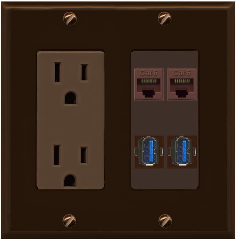 RiteAV 2 Port Cat6 2 USB3 Wall Plate - Outlet [Stainless/Gray]