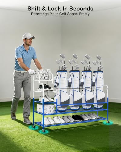 Image of Golf Bag Storage Garage Organizer for 4 Bags, Golf Storage Rack with Wheels | 50% More Space Multi-Zone,All-In-One Compact 5-tier Heavy-Duty Rack,4 360 Casters,Movable Basket,Extra Bottom Storage,Gifts