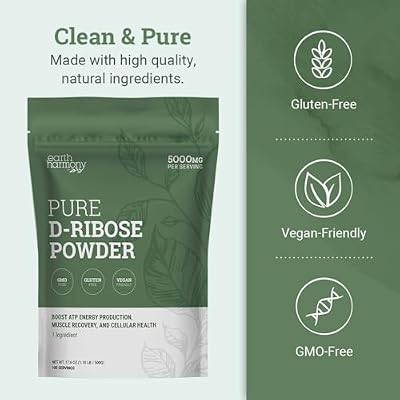 Earth Harmony D-Ribose Powder 5000mg - Great for Exercise Performance, Post-Workout, and Heart Health - Similar to D Ribose Capsules - 17.6 Oz