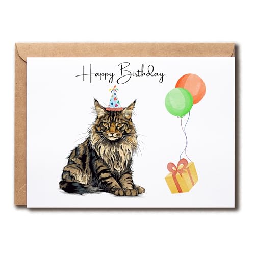 ABSMDesigns Maine Coon Cat Birthday Card - Birthday Balloons Card - Maine Coon Card - Maine Coon Birthday Card - Hilarious Maine Coon Card
