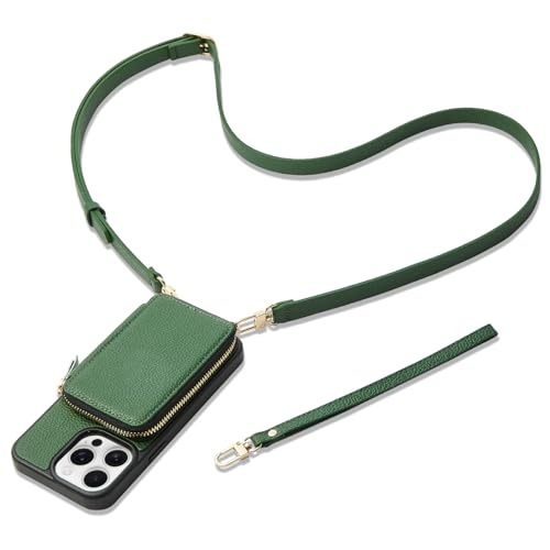 ZVE for iPhone 13 Pro Crossbody Wallet Case, Zipper Phone Case with RFID Blocking Card Holder Wrist Strap Purse Cover for Women Compatible with iPhone 13 Pro (6.1 inch, 2021)- Dark Green by ZVE - Image 8
