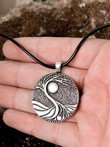 HAQUIL Tree of Life Necklace, Vintage Antique Tree of Life Moon Pendant, Faux Leather Cord, Vintage Jewelry Gift for Women4