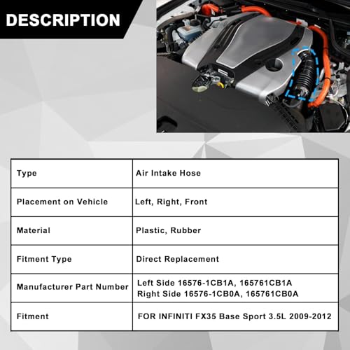 Image of SecosAutoparts 3.5L Engine Air Cleaner Intake Hose, Fit for Infiniti FX35 2009-2012, EX35 2008-2012, G35 2007-2008, Replace# 16576-1CB1A 16576-1CB0A, Front Left & Right Side