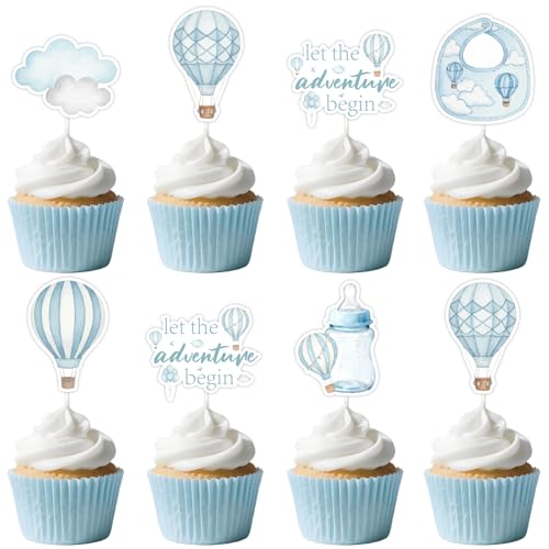 Hot Air Balloon Cupcake Toppers 24pcs Adventure Awaits Baby Shower Decors Blue Let The Adventure Begin Cake Decors Travel Adventure Travel World Cloud Airplane Gender Reveal Birthday Party Supplies