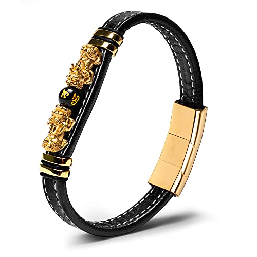 Katomi Feng Shui Bracciale in Pelle per Uomo in Nero, chiusura magnetica in acciaio inox,con Pi Xiu, in ossidiana, regalo per uomo Donna (20cm, Pelle 2 Pixiu)