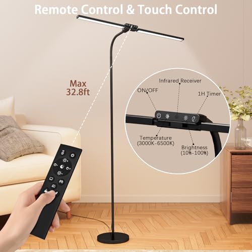 Image of SIBRILLE LED Floor Lamp, 24W Dual Head Dimmable Standing Lamp with Remote & Touch Control, Adjustable Gooseneck, 3000K-6500K Modern Reading Lamp for Living Room, Bedroom, Office & Crafts