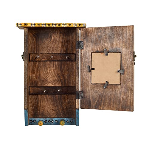 Image of AAKRITI ART CREATIONS Key Holder, Hooting Owl Key Hanger with Storage Box | Rustic Wood Wall Organizer with 7 Hooks | New Home Gifts | Multifunctional Entryway Decor Item