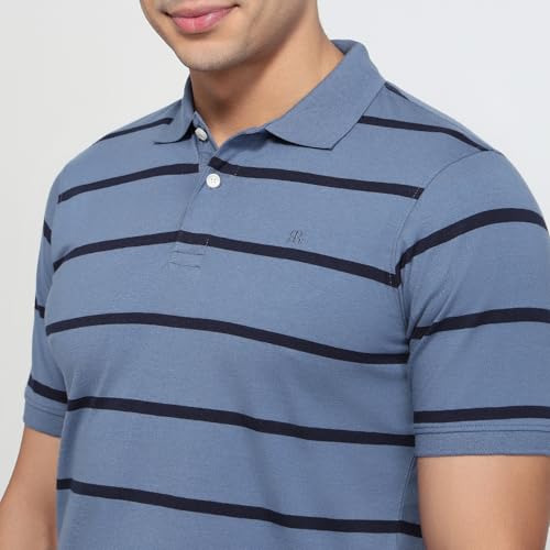 Image of Raymond Men Modern Fit Stripe Pattern Pure Cotton Polo Neck Half Sleeve Casual T-Shirt