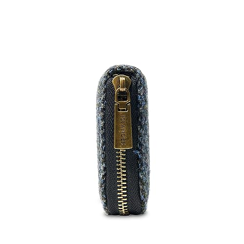 Image of Islander HarrisTweed & PU Leather women's long zip purse, Black&grey Herringbone, Carry Cash & card, Scottish Style