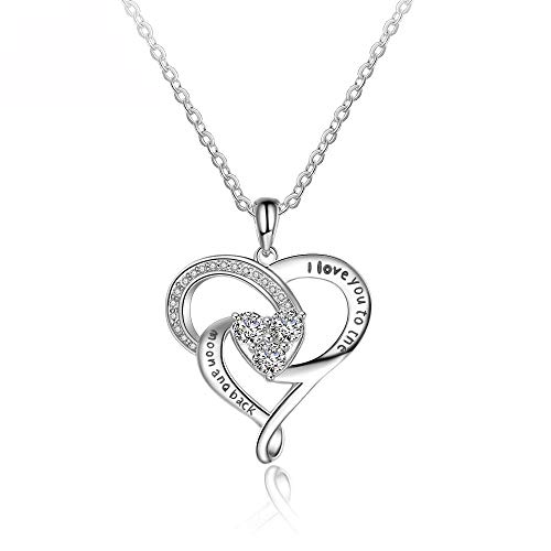 Image of I Love You To The Moon And Back 925 Sterling Silver Heart Pendant Necklace With Cubic Zirconia Promise Jewelry