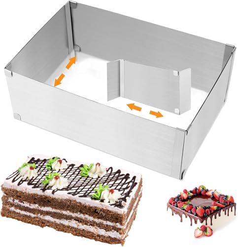 Goujfol Rectangle Cake Tin, Adjustable Baking Frame, Stainless Steel Cake Mold, Square Cake Tin, Square Adjustable with Divider, Spatula for Cakes, Pies, Pizza, Baking and Decorating(Height: 10 cm)