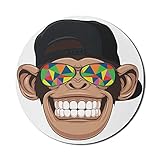 Cartoon-Mauspad für Computer, lustiger Hipster-Affe mit bunter Sonnenbrille und Hut Rapper Hippie Ape Art, rundes rutschfestes dickes Gummi-modernes Gaming-Mousepad, 8 'rund, weiß-braun
