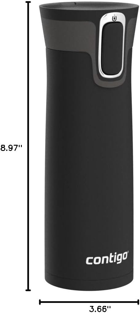 لیوان مسافرتی Contigo Autoseal West Loop خلاء عایق استیل ضد زنگ با درب آسان تمیز کردن، 20 اونس، مشکی مات 20 اونس بدون دسته مشکی مات