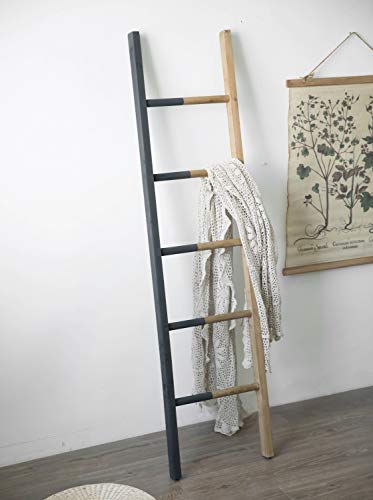 FUIN 5.4 Ft Wood Wall Leaning Decorative Ladder Shelf Rack, for Blanket Quilt Towel Throws Scarves Storage, Modern Farmhouse Bathroom Bedroom, Black and Natural