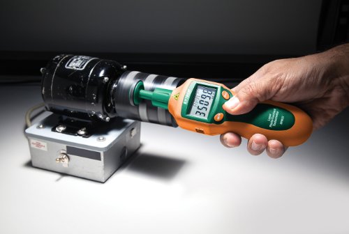 Image of Extech RPM33 Combination Contact /Laser Photo Tachometer - Digital Handheld Meter for RPM, Surface Speed, and Length - 2 to 99,999 RPM, 0.05% Accuracy, Backlit LCD Display, Memory, Case Included | Contact and non-contact laser RPM, surface speed and length, 0.05% accuracy, stores 10 sets, tape, case
