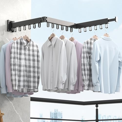 Wall Mounted Clothes Drying Rack 360 Rotating & Retractable 3-Tier Foldable Laundry Rack with Hooks Heavy Duty Collapsible Clothing Drying Rack for Balcony Bathroom Bedroom Laundry Room