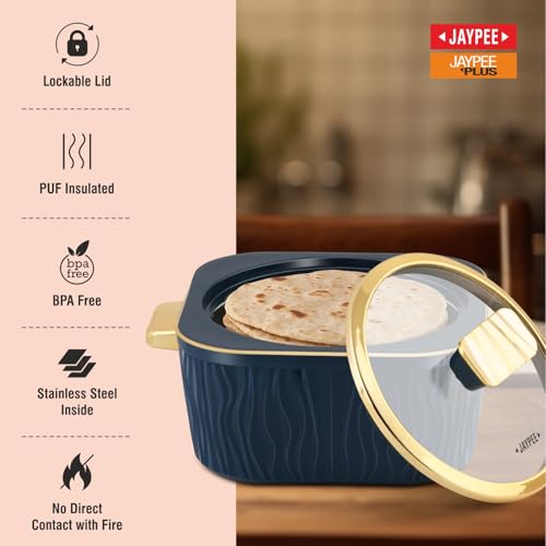 Image of JAYPEE Crinkle Klass Inner Stainless Steel Casserole Set of 3(1000+1500+2000) ml PUF Insulated Gold Finish Handle Lockable Lid BPA Free Hot Box for Kitchen Roti Box Hot Pot Serving Casserole,S.Green
