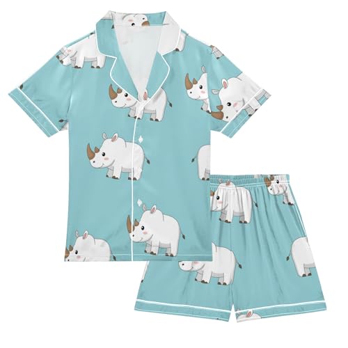 Satin Pajama Sets Short Sleeve Cute Rhino and Cupcakes Button Down Silky Nightwear 2 Piece PJS 5-14Y