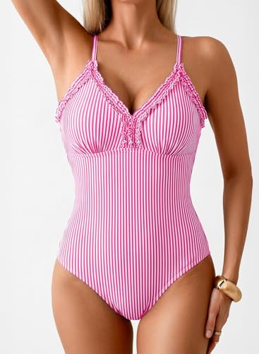 Aleumdr Ruffle Trim One Piece Tummy Control Swimsuits for Women 2026 Swimwear V Neck Slimming Swimwear High Cut Bathing Suit Rose Stripe Medium — view 2