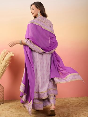 Image of Women's Pure Silk Printed Embroidery Kurta Palazzo & Dupatta Set