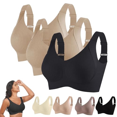 3 Piezas Sujetador Sin Aros Mujer Suave 2025 Sujetadores De Forma Seamless Ligero Base Top Corsé Espalda Desnuda Push Up Sujetador Lactancia Cómodo Bra Gimnasia Correas Ajustables, Beige+beige+negro