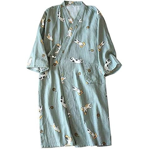 Shanghai Story Green Women Cotton Kimono Bathrobe With Pockets Robe M Cat Printed Cover