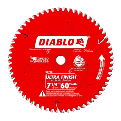 Diablo Ultra Finish Carbide Saw Blade for Wood - 7-1/4' Diameter, 60 ATB Teeth, 5/8' Arbor, .059' Kerf, 10