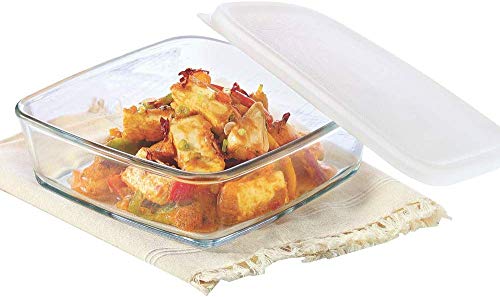 Image of Borosil Baking & Serving Square Shape Dish with White Lid | Borosilicate Glass Bakeware and Serveware Tray | Microwave, Oven & Dishwasher Safe Bowl | Transparent (1.6 L)