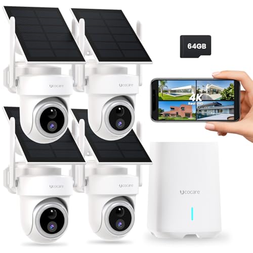 UCOCARE Security Cameras Wireless Outdoor System Ture 4K/8MP Solar Powered Cameras for Home Security with Station Built in Radar No Subscription Auto Tracking Color Night Vision 2.4&5GHz WiFi
