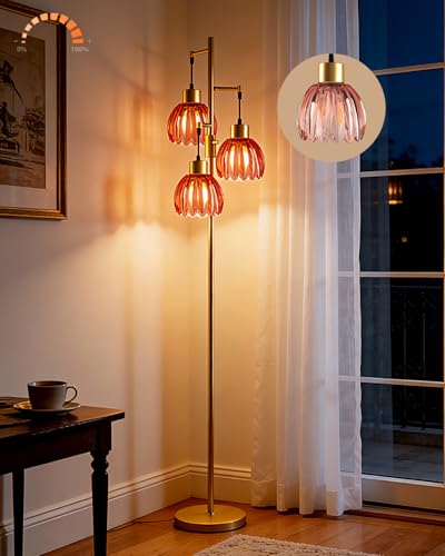Image of Lightdot 65'' Glass Floor Lamp Dimmable Gold with Deep Red Lotus Glass Shade & 3000K Bulbs Included 3-Lights Modern Tall Standing Lamp with 5Lbs Heavy Base for Living Room /Bedroom /Sofa /Corner Decor