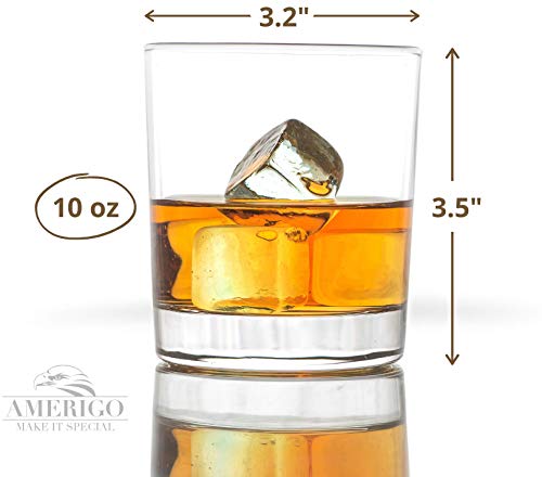 Amerigo Crystal Whiskey Glass Set of 4 in Luxury Gift Box - Heavy Base Old Fashioned Whiskey Glasses 10oz for Scotch - Whisky Gift for Men - Bourbon Glass Tumblers - Fathers Day Gift - Home Bar Set
