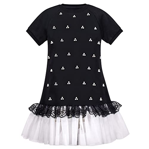Sunny Fashion Girls Black Tee Dress Pearl Lace White Mini Tulle Casual Size 5-10