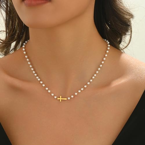 Pearl Cross Necklaces for Women 18K Gold Plated Pearl Beaded Sideways Cross Choker Necklaces Cubic Zirconia Diamond Faith Religious Jewelry Gifts3