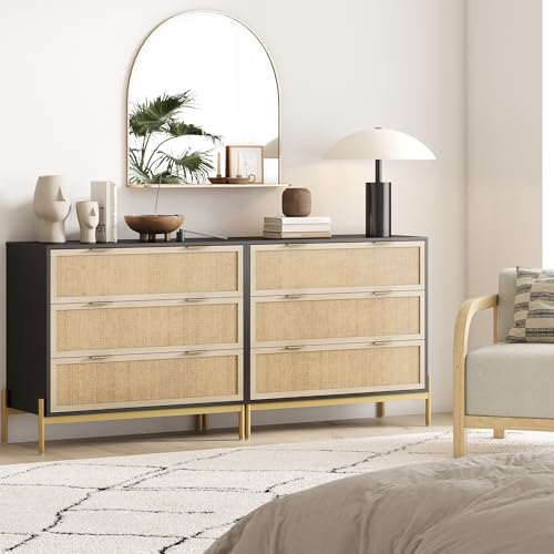 Image of Nathan James Andrew 3-Drawer Chest Rattan Dresser, Bohemian Deep Drawer Dresser for Bedroom with Natural Rattan Accent and Metal Legs, Matte Black