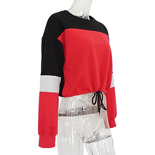 Weepinlee Women's Casual Long Sleeve Round Neck 3 Color Stitching Hem Lace Up Crop Sweatshirts (Red,S) #TOP6