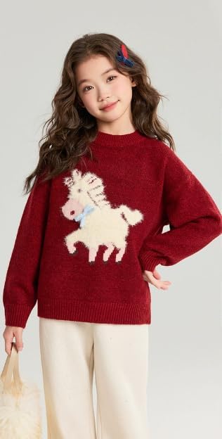 Children's Red Knitted Sweater with Horse Design, 2026 Horse Year Festive Warm Pullover for Kids