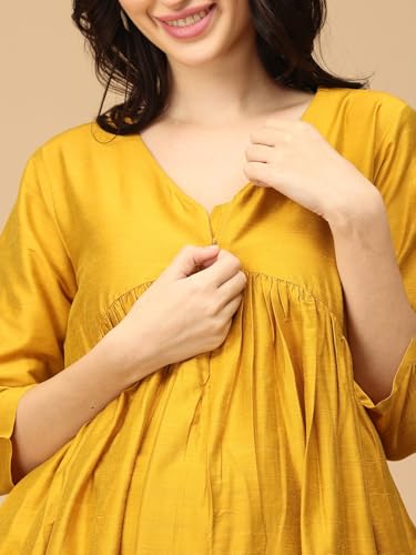 Image of The Mom Store Maternity Nursing and Feeding Kurta Set | Nursing Zippers | Pre and Post Pregnancy | Raw Silk | Kurta Pant Set | Solid |