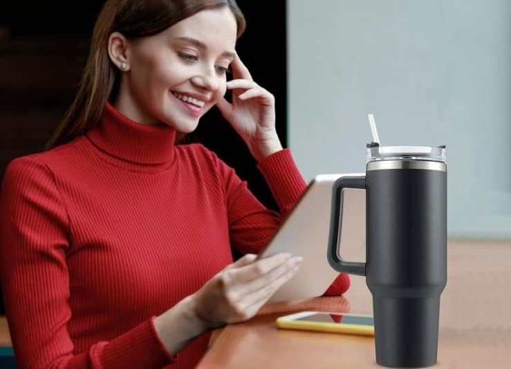 Miniatura 5 de Pen Kit Mall - Taza aislada de 40 onzas con asa para agua, café, bebidas frías y calientes  Diseño de acero inoxidable de doble pared, pajita ancha,
