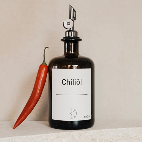 Koffs Design Ölflaschen zum Befüllen - Moderner Ölspender aus Braunglas mit Edelstahl Ausgießer – Spender für Öl, Essig und Balsamico - optional mit Sticker für deinen Inhalt - 500ml - blanko