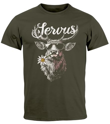 Neverless Herren T-Shirt Hirsch Tracht Modern Lustig Volksfest Bayern Servus Hallo Fashion Army L