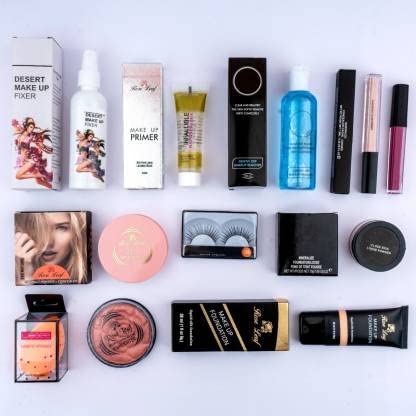 Rose Leaf High Coverage Foundation Primer Compact Beauty Blender Eyelashes Concealer Loose Powder Lipstick Makeup Fixer Makeup Remover Blusher Highlighter Make Up Kit - Set Of 11
