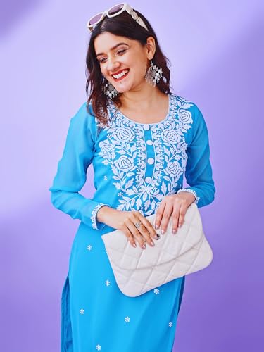 Image of HESVI Women's Georgette White Lakhnavi Chikankari Kurti with Intricate Embroidery Work