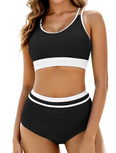 Arolina Women's High Waisted Bikini Sets Cheeky Two Piece Swimsuits Color Block Sporty Bathing Suits High Cut Swimwear