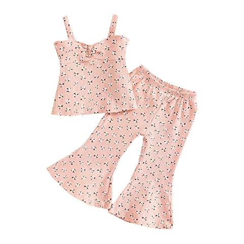 Baby Girls Trouser Suit Floral Print Sling Ruffle Tops Elasticat Bell Pants Short Bottoms Outfits Kids Summer Clothing Set (A-Pink, 2-3 Years) Cover