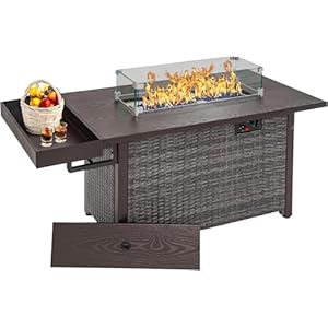 Sundale Outdoor 52 Inch Outdoor Fire Pit Table 50000 BTU Propane Fire Pits with Storage Shelf Glass Wind Guard and Lid Wicker Patio Gas Fire Pit for Outside Patio and Garden CSA ListedGrey