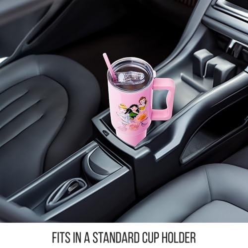 Image of Silver Buffalo Disney Princess Featuring Cinderella, Mulan, Belle, Ariel, Tiana, and Jasmine Double Walled Stainless Steel Tumbler with Handle and Straw, Fits in Standard Cup Holder, 40 Ounces