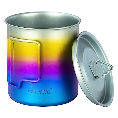COMTAI Titanium Pot, 420ml/15 oz Mug with Lid and Foldable Handle, Outdoor Titanium Cup for Hiking Camping Cooking-Rainbow